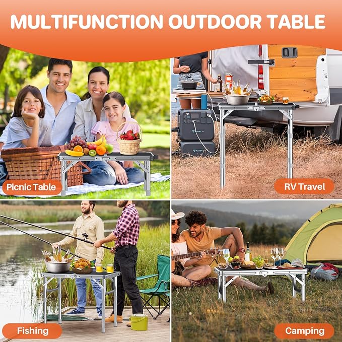 FUNYKICH 2ft Folding Camping Table 22.8''x15.7''x27.5'',3 Height Adjustable | Lightweight Aluminum Outdoor Small Tables with Carry Handle for Car Camping, Backpacking, Picnic, BBQ, Silver