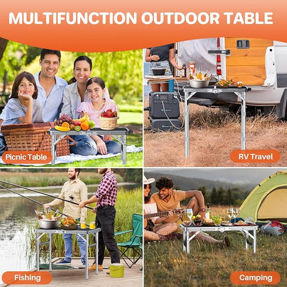FUNYKICH 2ft Folding Camping Table 22.8''x15.7''x27.5'',3 Height Adjustable | Lightweight Aluminum Outdoor Small Tables with Carry Handle for Car Camping, Backpacking, Picnic, BBQ, Silver