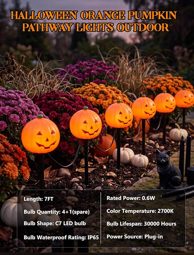 Halloween Pumpkin Pathway Markers Lights Outdoor, 7Ft Connectable C7 Halloween Decorations Pathway String Lights with 4 Pumpkin Stakes Lights for Outdoor Garden Walkway Yard Driveway Lawn Party Decor