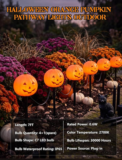 Halloween Pumpkin Pathway Markers Lights Outdoor, 7Ft Connectable C7 Halloween Decorations Pathway String Lights with 4 Pumpkin Stakes Lights for Outdoor Garden Walkway Yard Driveway Lawn Party Decor