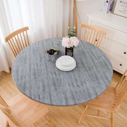 LIBERECOO Round Vinyl Fitted Tablecloth with Flannel Backing Elastic Edge Table Cover Waterproof Stain-Resistant Wipeable Tablecloths Fits 45-56" Round Tables