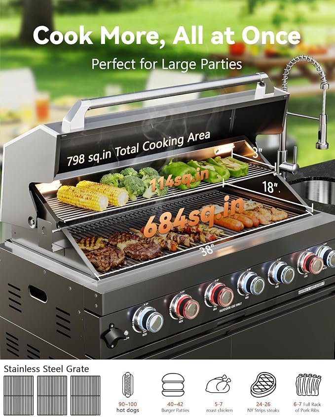 82" Modular Outdoor Kitchen Island with Grill, 6-Burner 85,000 BTU Propane BBQ Island, 304 Stainless Steel, Refrigerator, Sink & Rotisserie, for Backyard and Patio Cooking, Black