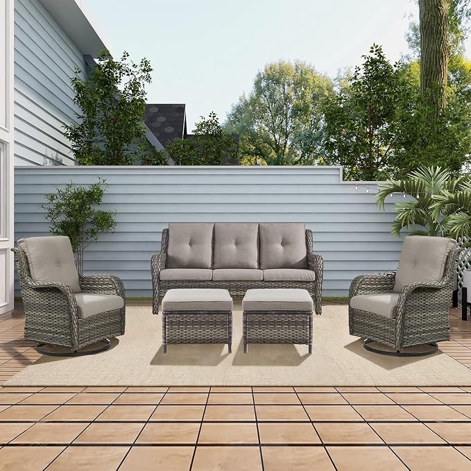 Rilyson Wicker Outdoor Patio Sofa with Ottoman, Large 3 Seater Wicker Patio Couch with 4in Replaceable Seat Cushions and Deep Seating, All Weather for Backyard, Garden, Poolside (Mixed Grey/Grey)