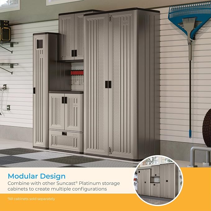 Suncast Mega Tall Storage Cabinet for Garage Organization - 31 Cu. Ft. Lockable Utility Closet with 3 Adjustable Shelves for Garden Supplies & Outdoor Tools, Multi-Wall Resin Construction, Platinum