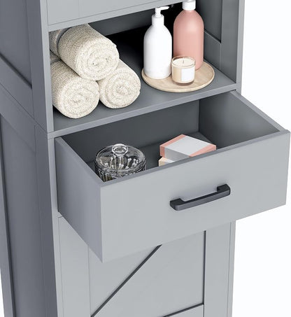 Homhedy 67" H Tall Bathroom Storage Cabinet with Barn Doors and Drawer | Narrow Storage Unit with Adjustable Shelves, Floor Cabinet for Bathroom, Living Room, Entryway or Kitchen, Gray, 15.7" W