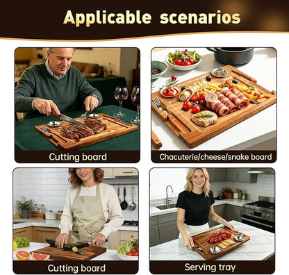 2 Set Acacia Wood Steak Plates Board with Knife Fork Ramekins,Knife-Friendly Food Serving Tray Deep Juice Groove Charcuterie Meat Cutting Boards for Dinner BBQ Party Restaurant & Housewarming Gifts
