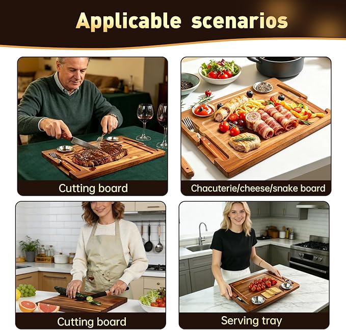 Acacia Wooden Steak Board - Reversible Charcuterie Boards Cutting Board Set with Fork, Knife and 2 SUS304 Ramekins,15.7” Wood Serving Board for Home BBQ,Gift for Women Men(1 Set)