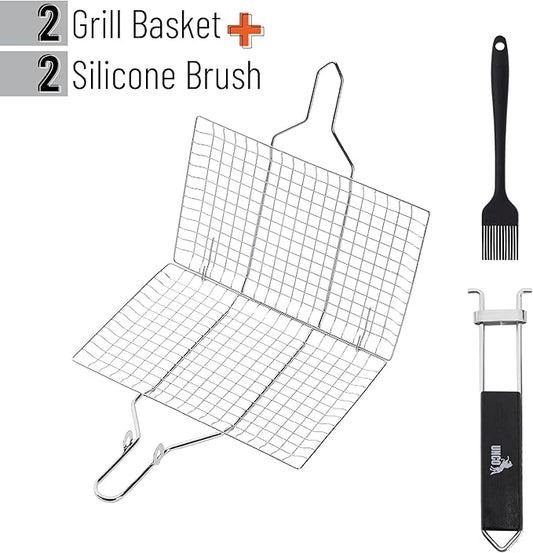 UNCO- Fish Grilling Basket, 2 Sets, Folding Portable Stainless Steel BBQ Grill Basket with Removable Handle and Silicon Basting Brush for Fish, Vegetables, Shrimp, Gifts for Dad, Husband & Friend