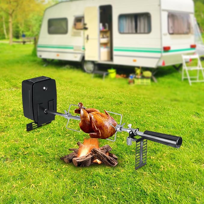 Battery-Powered Rotisserie Grill Kit - 304 Stainless Steel Camping Cookware with Auto-Spin Spit