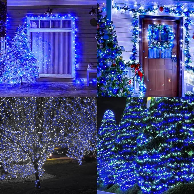 66FT 200 LED Blue White String Lights, 16 Modes Plug In Mini Fairy Lights, Waterproof Outdoor Christmas Lights for Hanukkah Xmas Tree Garland Bedroom Ocean Party July 4th Patriotic Decoration