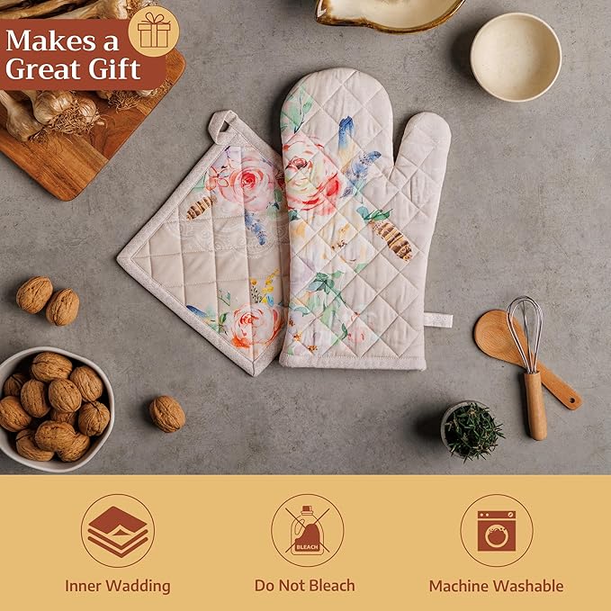 Maison d' Hermine Pot Holders 100% Cotton Heat Resistant Potholders 8" x 8" Hot Pads with Loop BBQ Cooking Baking Hotel Farmhouse Kitchen Handling Hot Pans Spring Summer (Pack of 2, Ibiza - Beige)