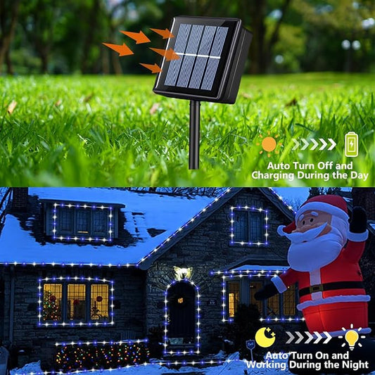 YEGUO Solar Rope Lights Outdoor Waterproof, 66ft 200 LED Blue and White String Lights, 8 Modes Fairy Lights in Clear Thin Tube
