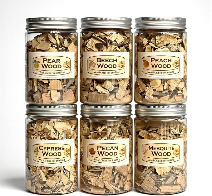 6 Pack Natural Wood Chips for Smoker Grill and Smoking Gun,Pear,Peach,Pecan,Beech, Mesquite and Cypress About 90g Each,Smoker Woodchips for BBQ Smoking Beef Pork Whisk