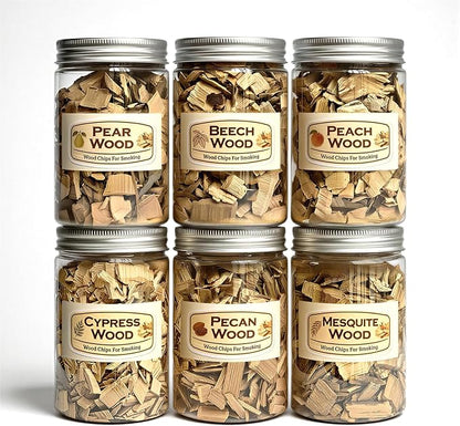 6 Pack Natural Wood Chips for Smoker Grill and Smoking Gun,Pear,Peach,Pecan,Beech, Mesquite and Cypress About 90g Each,Smoker Woodchips for BBQ Smoking Beef Pork Whisk