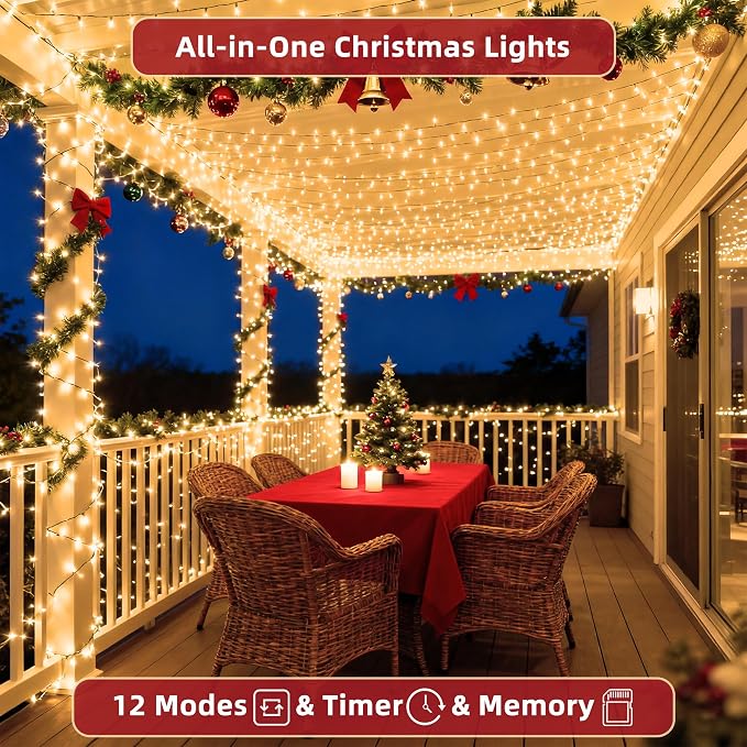 300 LED Outdoor Christmas Lights 75ft, 12 Lighting Modes Indoor String Lights Dimmable & Timer Memory, Outsite Waterproof Tree Lights for Xmas Garden Wedding Party Holiday Decorations Warm White