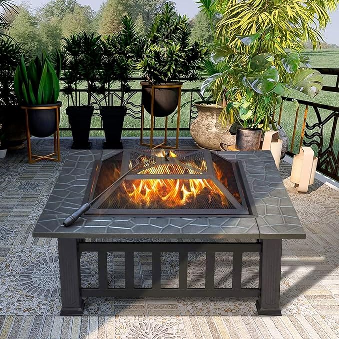 Anraja Fire Pit 32" Wood Burning Firepit Metal Square Outdoor Fire Tables Steel BBQ Gril Fire Pit Bowl withSpark Screen Cover, Poker Log Grate for Patio Bonfire Camping Backyard Garden Picnic1