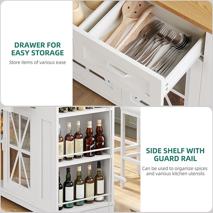 YITAHOME Kitchen Island with Seating | 47 Inch Mobile Storage Island with Drop Leaf, Power Outlet & Spice Rack, 2 Upholstered Stools and Footrest, White Oak