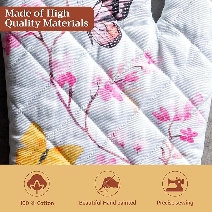 Maison d'Hermine Oven Gloves 100% Cotton Oven Mitt 7" x 13" with Loop Heat Resistant BBQ Cooking Gloves Baking Grilling Kitchen Hotel Home Farmhouse Spring Summer (Pack of 1, Blossoms in Spring)