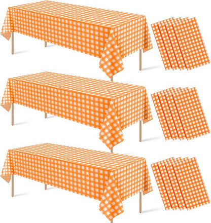 12Pcs Orange Gingham Tablecloths, Fall Checkered Table Covers 54x108 In | Orange and White Checkered Tablecloths Disposable Waterproof for Fall Picnic Halloween Barbecue Birthday Outdoor Party