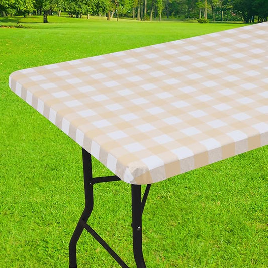 Smiry Rectangle Picnic Table Cloth, Elastic Waterproof Fitted Vinyl Tablecloths, Flannel Backed Buffalo Plaid Table Covers for Dining, Camping, Outdoor (White and Beige, 30" x 72")