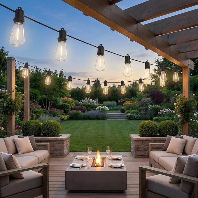100FT LED Outdoor String Lights - 52 Shatterproof ST38 Edison Bulbs - Waterproof Patio Decor for Outside - Dimmable Bistro Cafe Hanging Lights