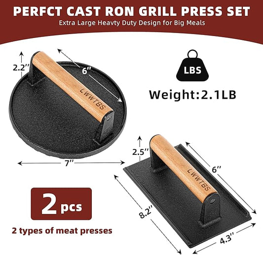 LWWTBS Burger Press Heavy-Duty Cast Iron Smashed Meat Steak Weight Grill Griddle Press (7" Round & 8.2"X4.3" Rectangle) with Wood Handle for Blackstone Griddle