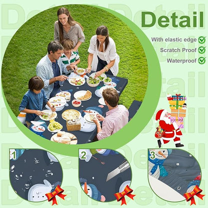 Christmas Picnic Table Cover with Bench Covers Set, Elastic Fitted Tablecloth for Outdoor Picnic Tables, Blue Snowman Design, Durable Vinyl Table Cover for Winter Camping, BBQs, and Holiday