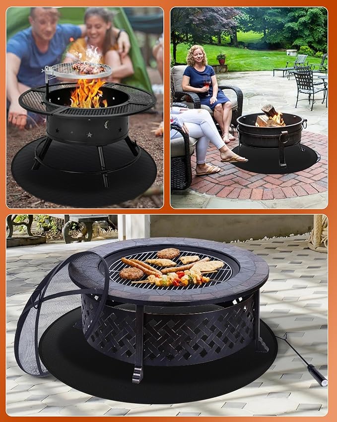 60" Round Fireproof Grill Mat for Deck & Patio, Double-Sided Silicone Coated Fiberglass, Heat Resistant Up to 2000°F, Reusable Under Grill Deck Protector for Fire Pit, Smokeless Stove, Outdoor BBQ