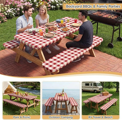 SquarePie Picnic Table Cover with Bench Covers - Waterproof Fitted Elastic Tablecloth for 6 FT Tables - Washable Polyester Camping Table Cloth for Patio RV BBQ (Burgundy Red Checkered,30"x72")