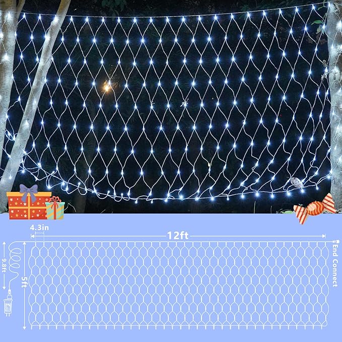 QITONG Net Lights Outdoor Mesh Lights, 12ft x 5ft 360 LED White Christmas Light with 8 Modes, Connectable Clear Wire Bush Light Plug in