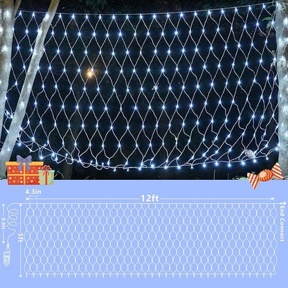QITONG Net Lights Outdoor Mesh Lights, 12ft x 5ft 360 LED White Christmas Light with 8 Modes, Connectable Clear Wire Bush Light Plug in