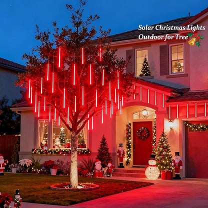 JMEXSUSS Red Solar Christmas Lights Outdoor, 8 Tube 144 LEDs Solar Meteor Shower Rain Lights, Red Twinkle Light for Tree Eaves Fence Christmas Decorations