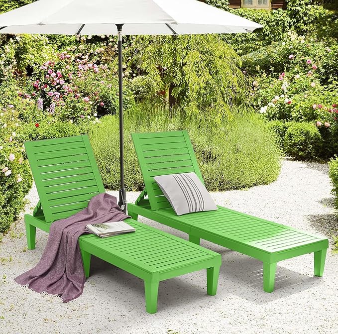 Nestl Sun Tanning Chair - Lime Green Chaise Lounge Chair Outdoor, Lightweight Pool Lounge Chairs Set of 2, Adjustable 5-Position Reclining Lawn Chair, Waterproof Beach Outdoor Lounge Chairs