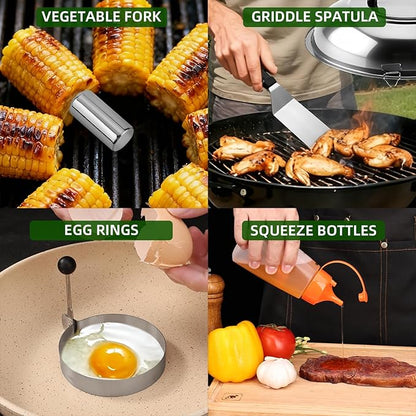 134PCS Griddle Accessories for Blackstone, Premium Stainless Steel Griddle Tool Set with Spatulas, Tongs, Smash Burger Press, Seasoning Bottles, Carry Bag for Camp Chef, Outdoor BBQ