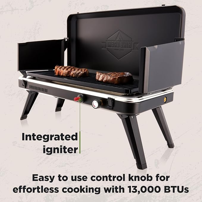 Hike Crew Gas Camping Grill | 13,000 BTU | Portable Propane Burner | Foldable Legs | Integrated Igniter & Included Regulator w/Stainless Steel Drip Tray | Wind Panels & Built-in Carrying Handle