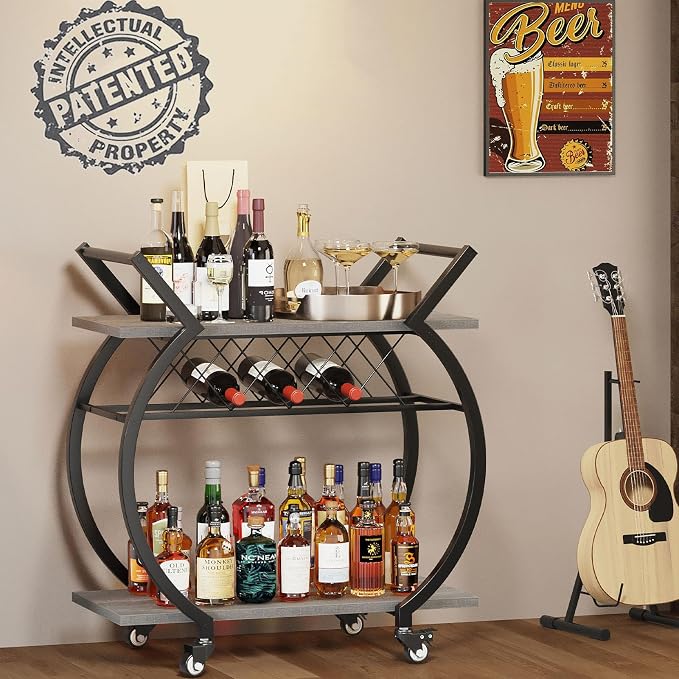 LVB Bar Carts for the Home, Industrial Wine Cart with Storage, Grey Oak | Modern Bar Cart with Wine Rack, Beverage Rolling Kitchen Serving Cart, Wooden Microwave Drink Liquor Cart for Dining Room