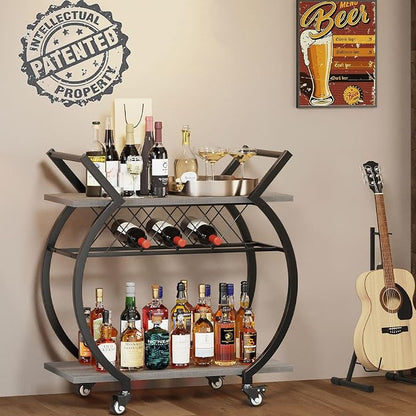 LVB Bar Carts for the Home, Industrial Wine Cart with Storage, Grey Oak | Modern Bar Cart with Wine Rack, Beverage Rolling Kitchen Serving Cart, Wooden Microwave Drink Liquor Cart for Dining Room
