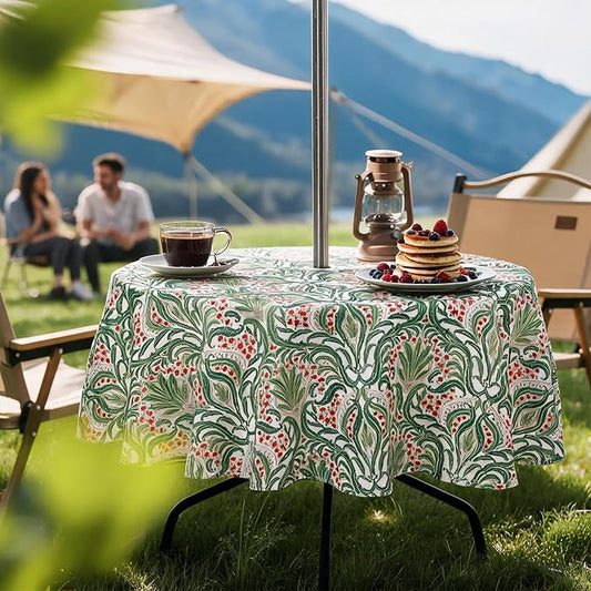 SUQ I OME Outdoor Tablecloth, Green Damascus Pattern, 60'' Round with Zipper