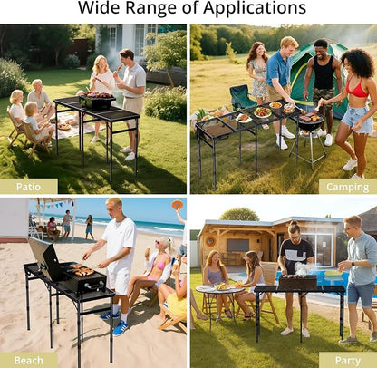 Anbte 4-Fold Grill Table, 3 Adjustable Height Max 27.5", 46" X 16", Black | Aluminum, Heat-Resistant Mesh Tabletop, Portable Handle, Waterproof Grill Side Table , for Outdoor Cooking Patio BBQ Picnic