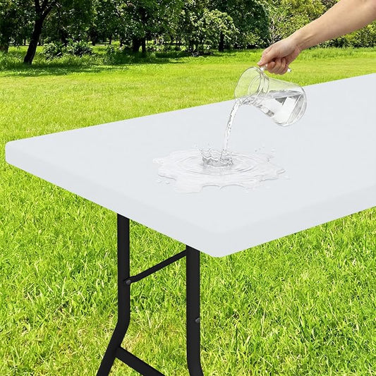 Smiry Rectangle Tablecloth, Elastic Fitted Flannel Backed Vinyl Tablecloths for 6ft Folding Tables, Waterproof Wipeable Table Covers for Indoor, Outdoor, Picnic and Camping (White, 30"x72")