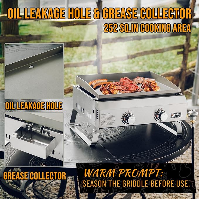 ONLYFIRE GRILLS Tabletop Gas Griddle 2 Burners, Propane Gas Stove, GS319 | Portable Flat Top Griddle for 1lb/20lb Propane, Outdoor Cooking Patio BBQ Camping Tailgating RV, Stainless Steel 16000BTU