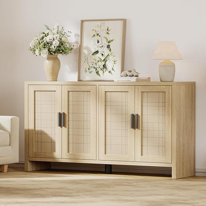 Rattan Buffet Cabinet with Storage, Sideboard with Doors, Console Table, Farmhouse Coffee Bar, Modern Wood Long Cabinets (Oak)