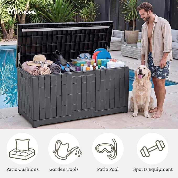 YITAHOME 120 Gallon Large Deck Box, Resin Outdoor Storage Box for Outdoor Pillows, Garden Tools and Pool Supplies, Waterproof, Lockable, Dark Gray