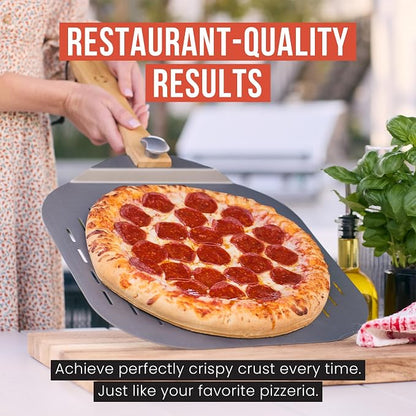 Chef Pomodoro Aluminum Perforated Pizza Peel 16 Inch with Foldable Handle | Perforated Pizza Peel 16 inch, Pizza Steel Perforated Design Prevents Sticking, Foldable Stainless Steel Pizza Peel Handle