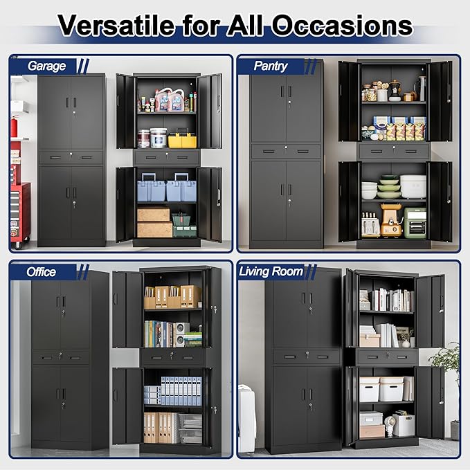 BESFUR Metal Garage Storage Cabinet with a Drawer Locking Doors and 2 Adjustable Shelves, Black Tall Storage Cabinets, Tool File Lockable Cabinet for Garage Office Warehouse Shop(71”H)