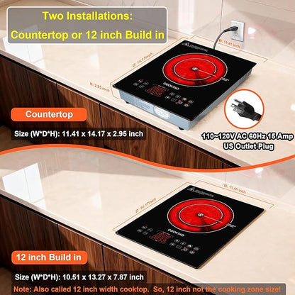 Dual Heating Coil Design of Single Burner Electric Cooktop, 1800W Ceramic Infrared Cooking Hot Plate, Portable Countertop or Built-in Radiant Stove Top Cooker with Wattage and Temperature Control