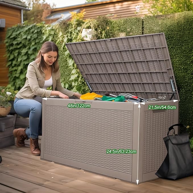 PatioZen 120 Gallon Resin Deck Box, Lockable Patio Outdoor Storage Box for Furniture, Garden Tools and Tools Storage, Waterproof Outside Storage Box (Grey)