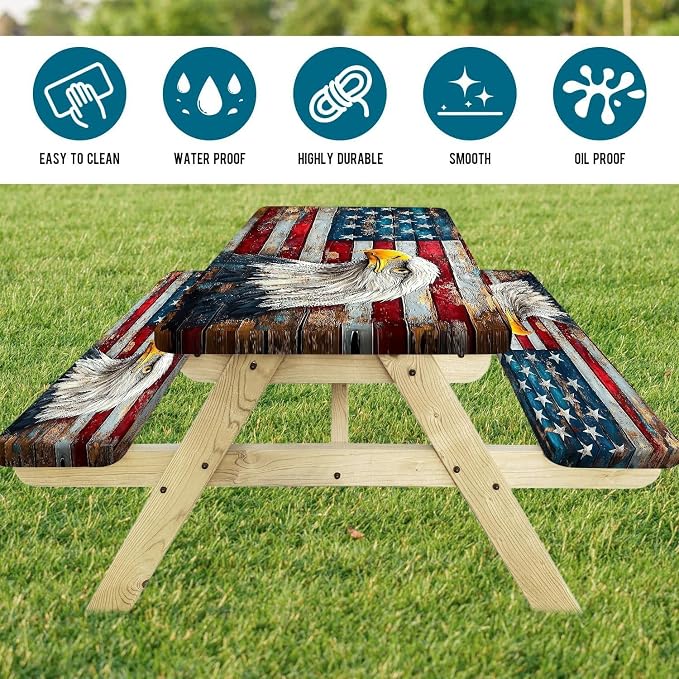 Picnic Table Cover with Bench Covers Elastic Edges, Vintage Wood American Flag Eagle Table Cover, Waterproof Windproof Fitted, for Outdoor Patry Picnic Patio Gatherings, Drawstring Bag, 96 Inch 3PCS