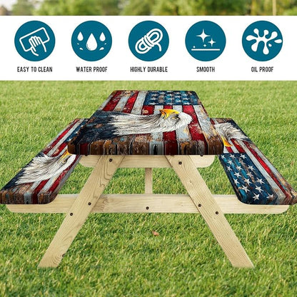 Picnic Table Cover with Bench Covers Elastic Edges, Vintage Wood American Flag Eagle Table Cover, Waterproof Windproof Fitted, for Outdoor Patry Picnic Patio Gatherings, Drawstring Bag, 96 Inch 3PCS