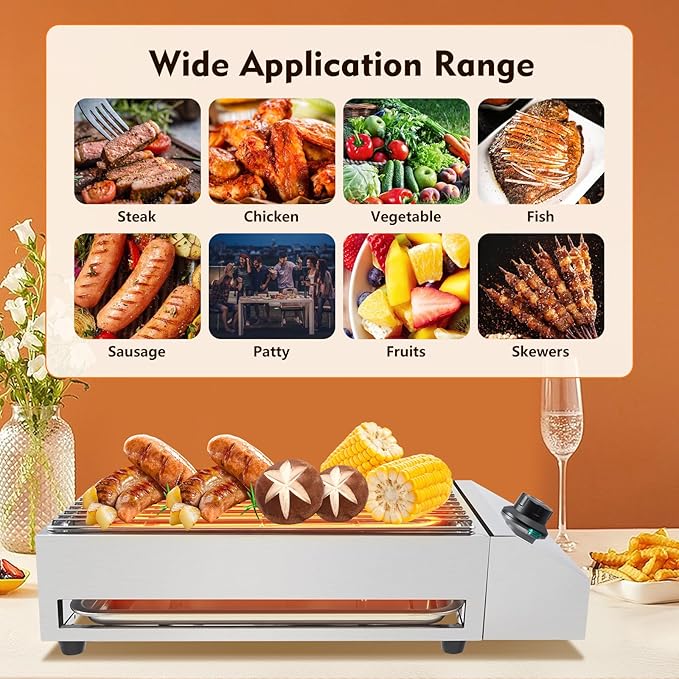 Countertop Electric BBQ Grill, 1800W Commercial Electric BBQ Grill Outdoor with Adjustable Temperature Range Practical Tray and Portable Commercial Non-Stick Barbecue Griddle Rack for Domestic Party